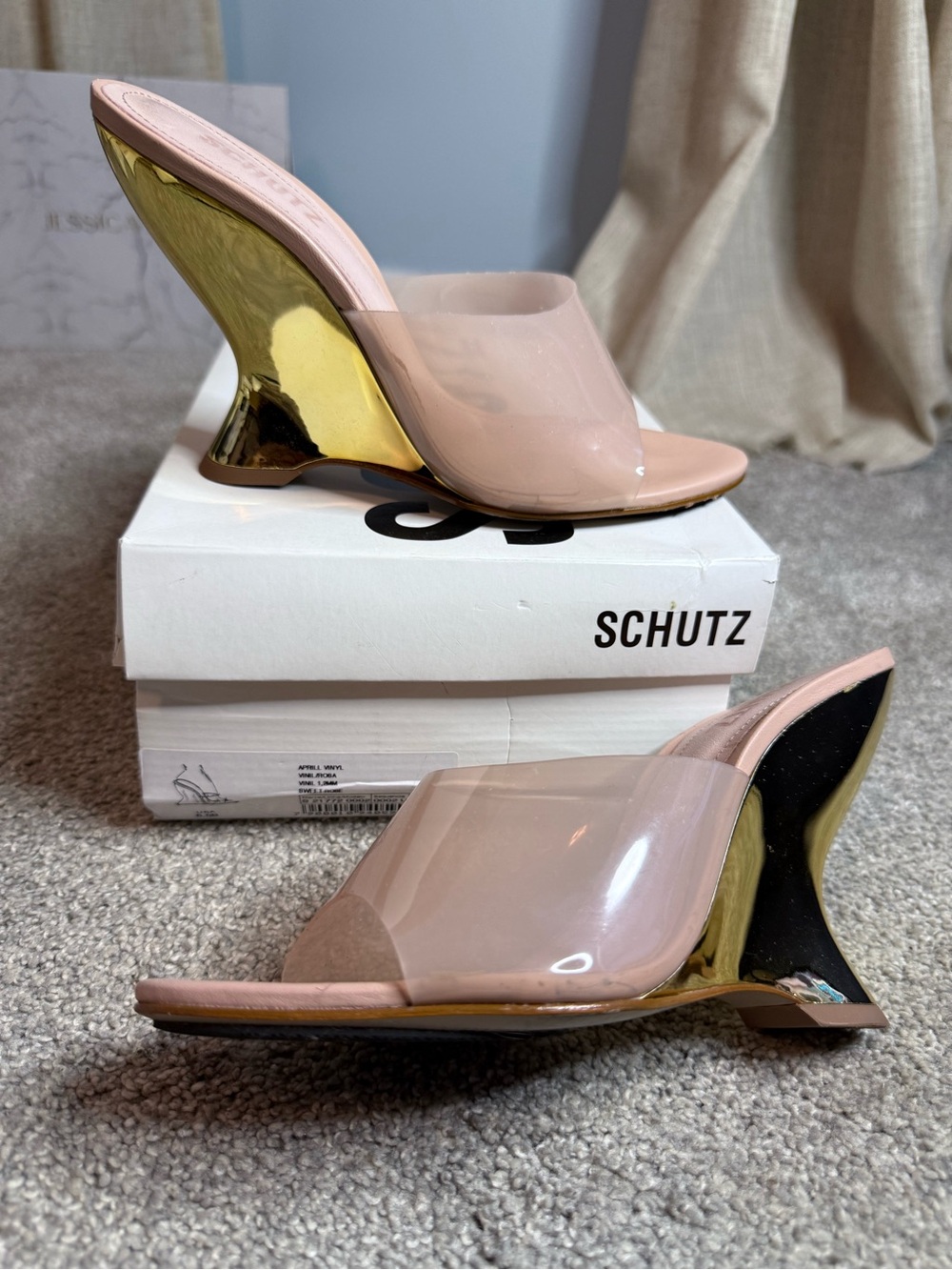 SCHUTZ Pink Clear Mule with Gold Sculptural Heel